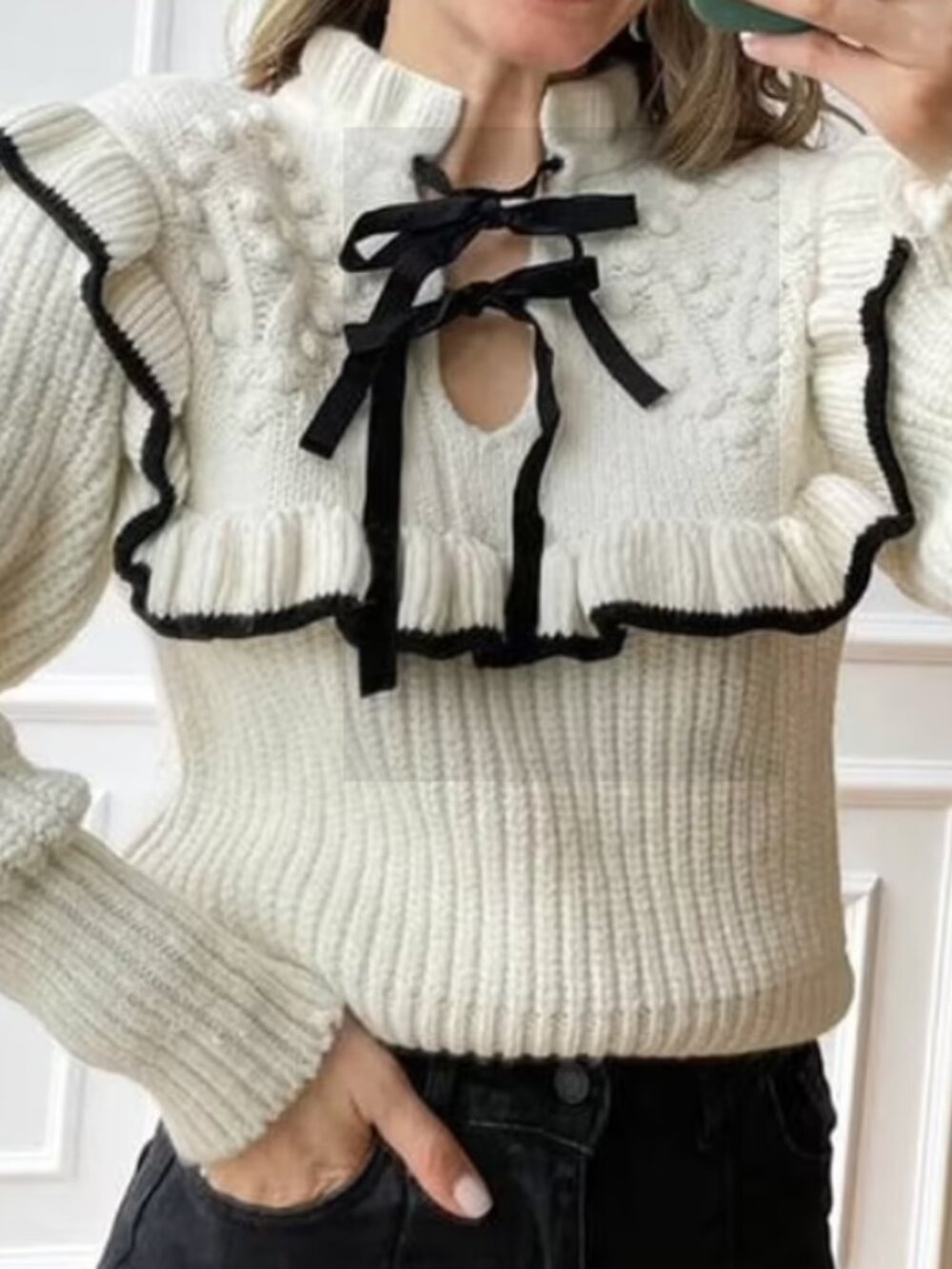 Noir Ruffle Romance Knit Sweater